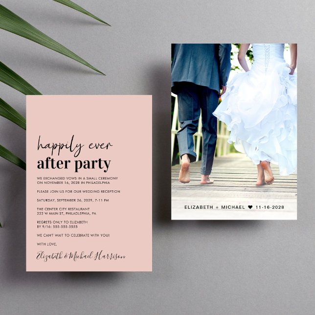 Convite de Recepção de Casamento com Foto em Rosa  (An chic Happily Ever After Party invitation for your wedding celebration)