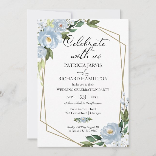 Convite de Recepção de Casamento Floral Azul Empoe (Frente)