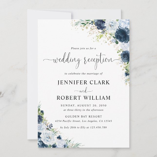 Convite de Recepção de Casamento Floral Azul Marin (Frente)