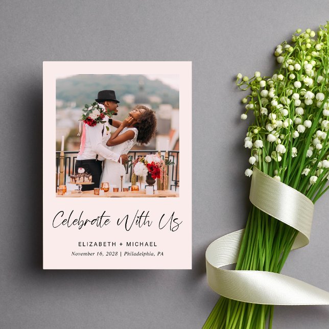 Convite de Recepção de Casamento Rosa com Foto Ele (Celebrate your love story with a reception invitation showcasing your favorite wedding photo)