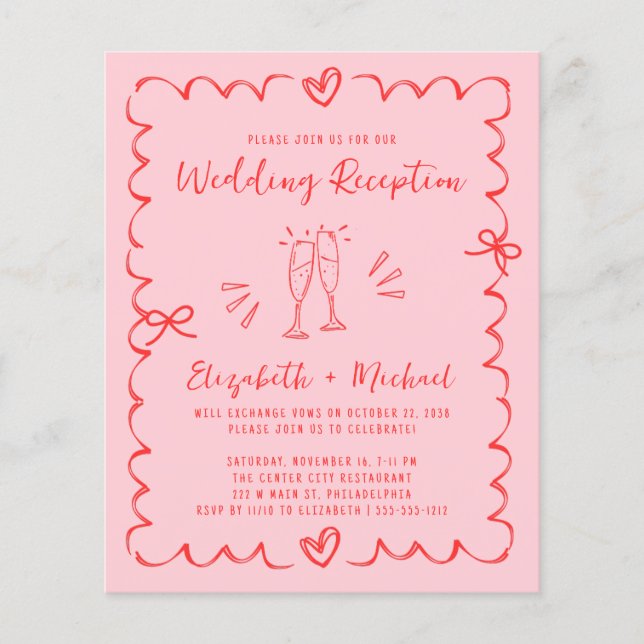 Convite de Recepção de Casamento Vermelho Rosa Cap (Frente)