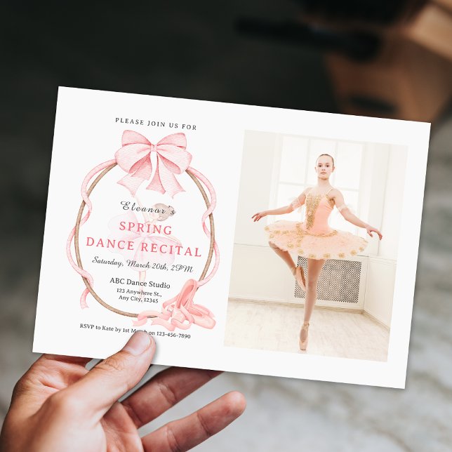 Convite de Recital de Dança de Menina de Ballet co (Pink Bow Photo Ballet Girl Dance Recital Invitation)
