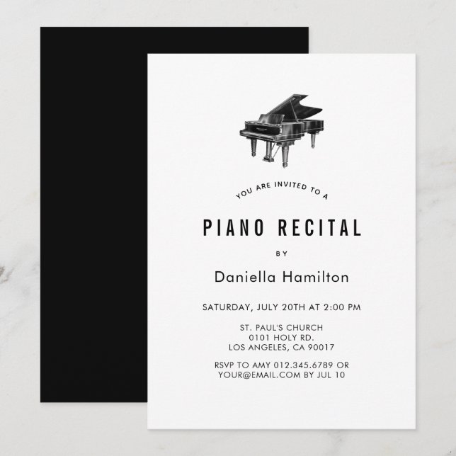 Convite de Recital de Piano Branco Minimalista (Frente/Verso)