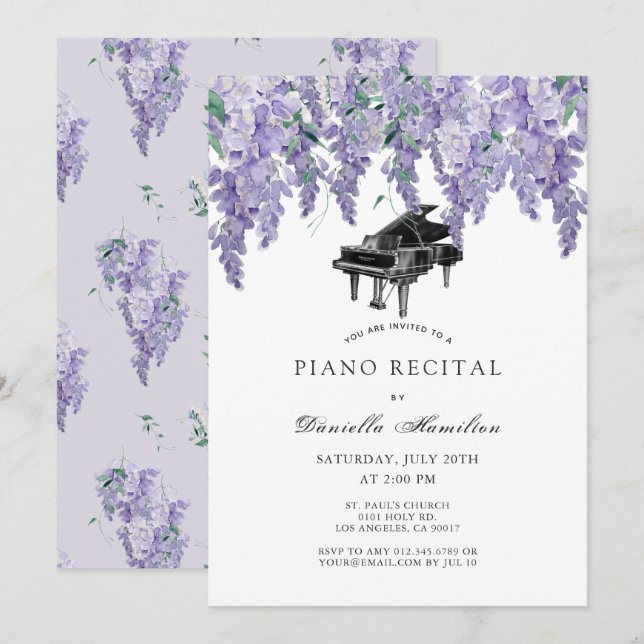Convite de Recital de Piano Branco Wisteria (Frente/Verso)