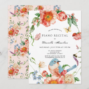 Convite de Recital de Piano com Flores Cor-de-Rosa