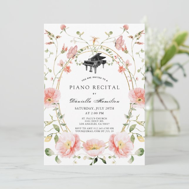 Convite de Recital de Piano Flor de Papoula Rosa B (Em pé/Frente)