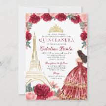 Convite de Red Pink Gold Tiara Paris Quinceañera