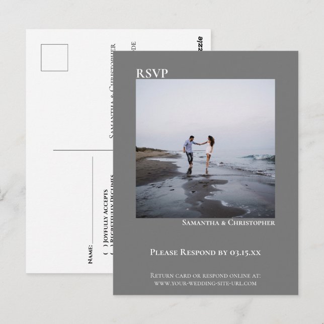 Convite de Resposta Minimalista de Casamento Cinza (Frente/Verso)