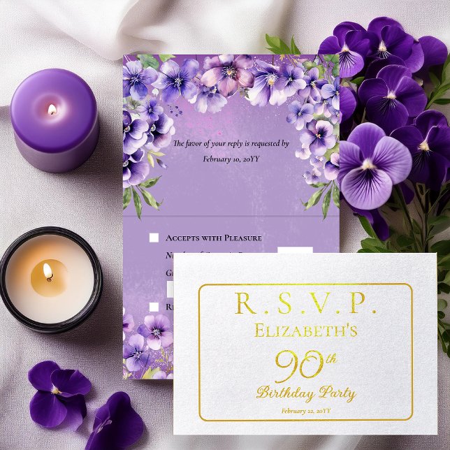Convite de Resposta para Festa de Aniversário de F (Elegant Purple Violets Floral 90th Birthday Party RSVP Foil Invitation Folded Insert Enclosure Card)