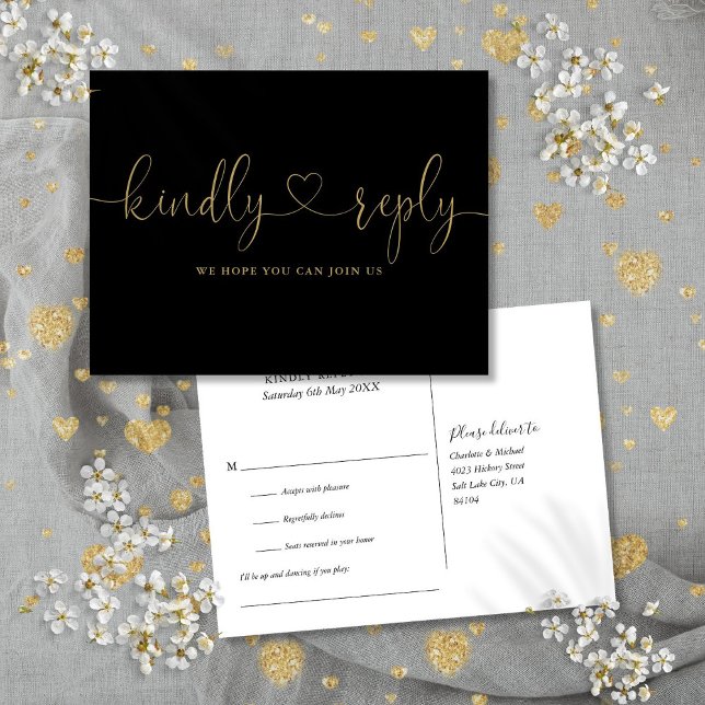 Convite de Resposta RSVP com Roteiro de Coração Pr (Black And Gold Heart Script Song Request RSVP Invitation Postcard)