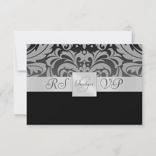 Convite de resposta RSVP de metade de Damask preto (Frente)