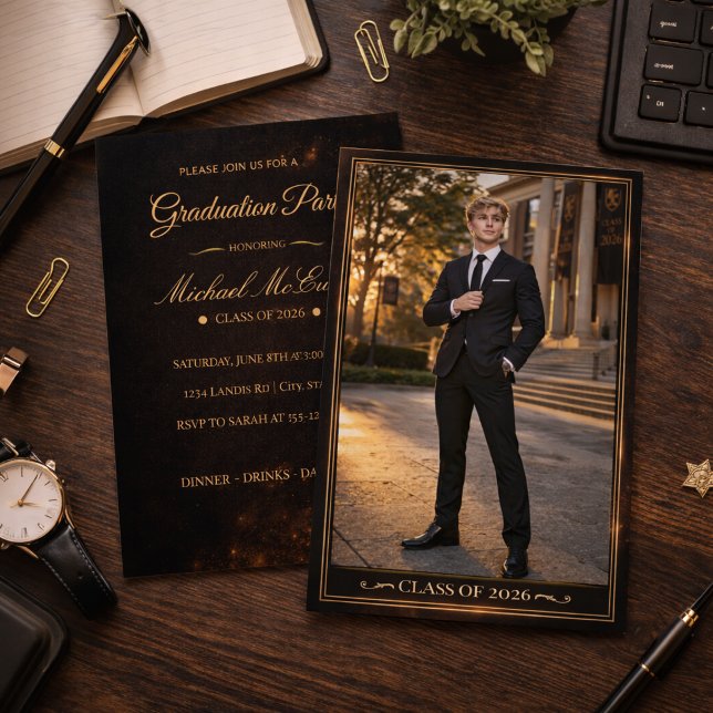 Convite de retrato de graduado em ouro preto (Black gold portrait design for a refined graduation night with dinner and celebration)