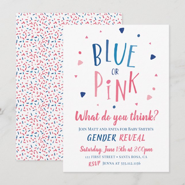 Convite de revelação de gênero azul ou rosa (Frente/Verso)