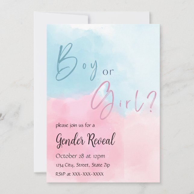 Convite de Revelação de Gênero com Aquarela Rosa e (Frente)