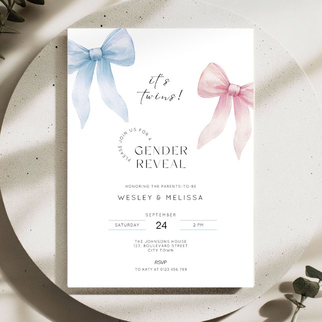 Convite de Revelação de Gênero de Gêmeos - Azul ou (Twins gender reveal invitations for the parents-to-be)