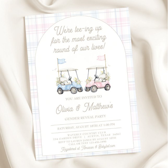 Convite de Revelação de Gênero de Golfe - Carrinho (Golf Gender Reveal Invitation – Blue & Pink Golf Carts)