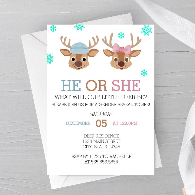 Convite de Revelação de Gênero de Veado de Inverno (Little Deer Be, Winter Themed Gender Reveal Party Invitation)