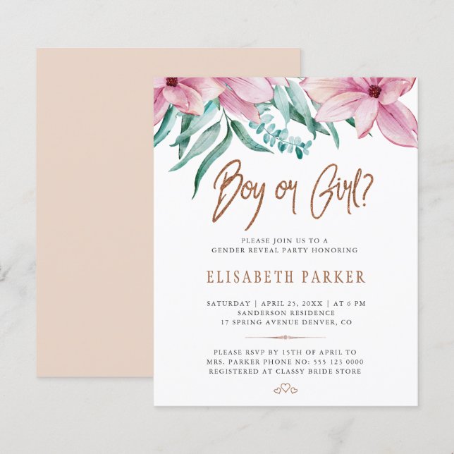 Convite de revelação de gênero para chá de bebê co (Frente/Verso)