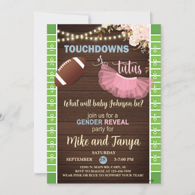 Convite de revelação de gênero Touchdowns ou Tutus (Frente)