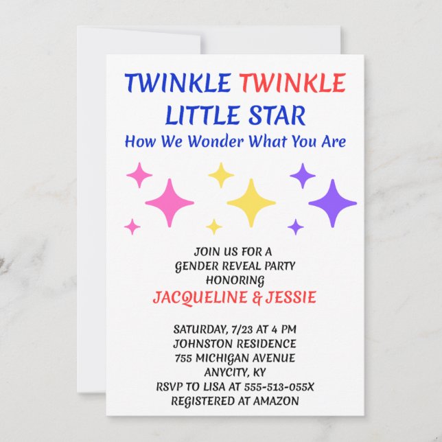 Convite de Revelação de Gênero Twinkle Twinkle Lit (Frente)