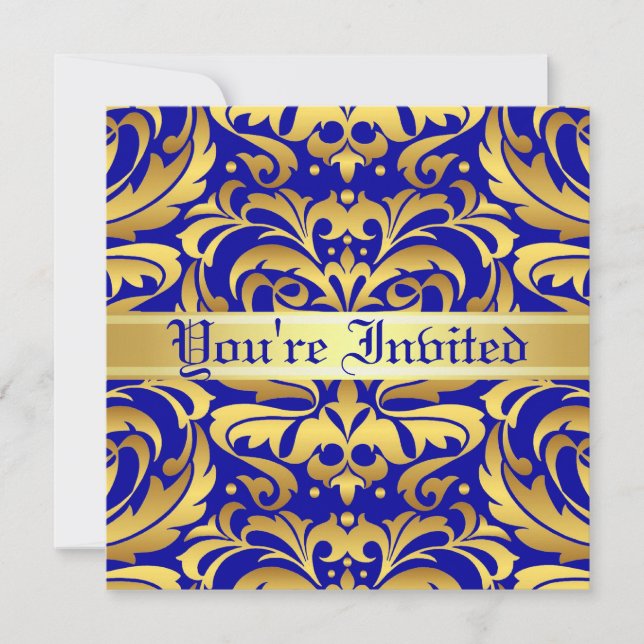 Convite De Rolagem Azul De Damask Dourado De Metal (Frente)