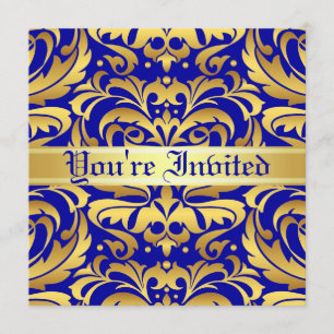 Convite De Rolagem Azul De Damask Dourado De Metal