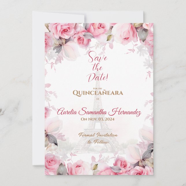 Convite de Rosa de Paris Floral para Quinceañera (Frente)