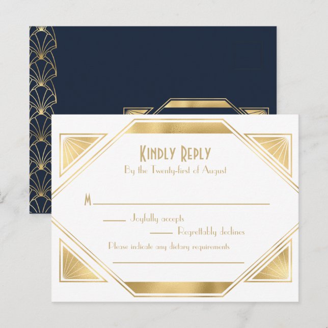 Convite de RSVP Art Deco elegante do Grande Gatsby (Frente/Verso)