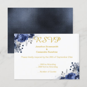 CONVITE DE RSVP COM ROSA EMBOSSADA EM AZUL ELEGANT