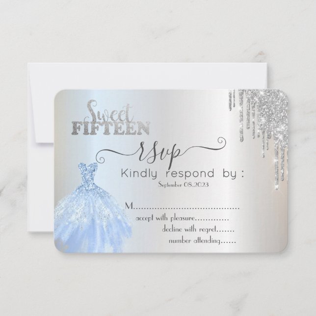 Convite de RSVP de 15 anos doce vestido azul com g (Frente)