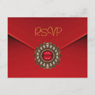 Convite de RSVP de cartão-postal vermelho jóia dou