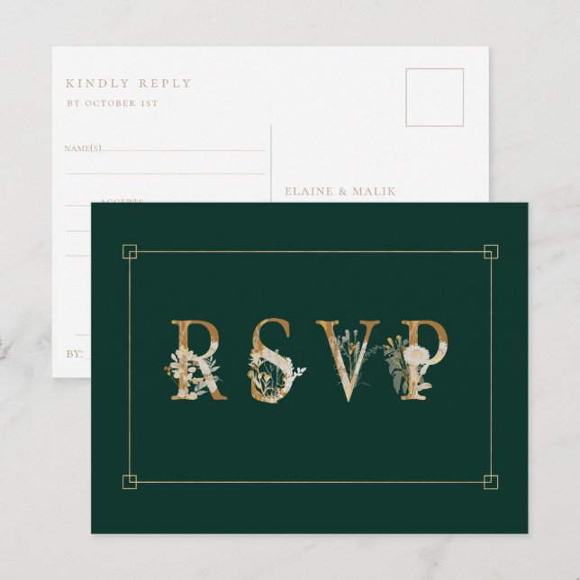 Convite de RSVP de Casamento com Floral Dourado e  (Frente/Verso)