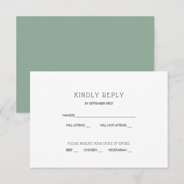 Convite de RSVP de casamento em verde sage moderno (Frente/Verso)