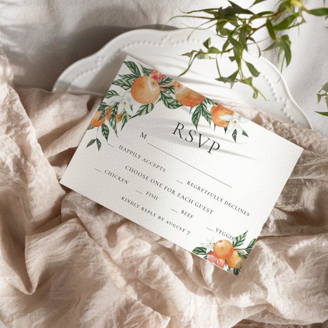Convite de RSVP de casamento moderno com laranja b (Criador carregado)