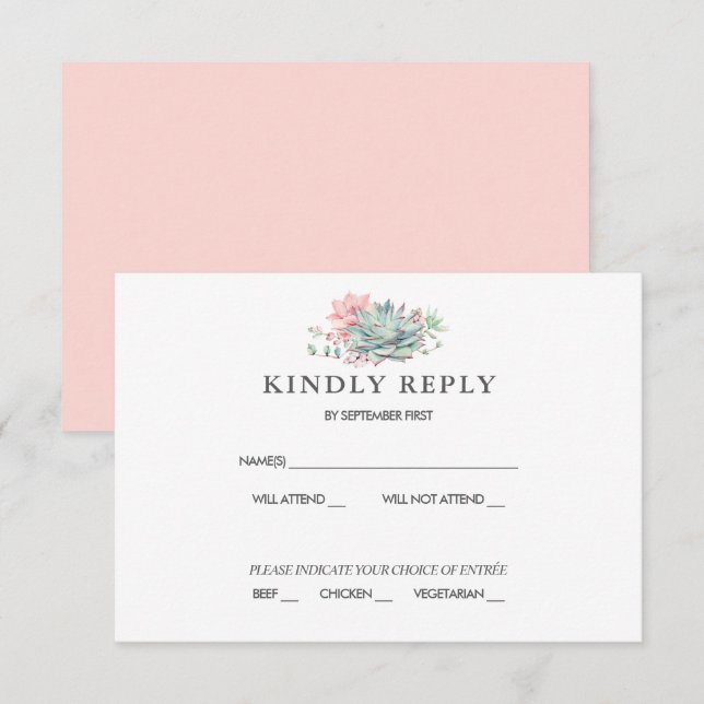 Convite de RSVP de Casamento Rosa Suculento Doce V (Frente/Verso)