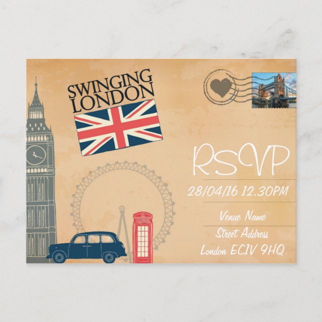 Convite de RSVP de Casamento Temático de Londres c (Frente)