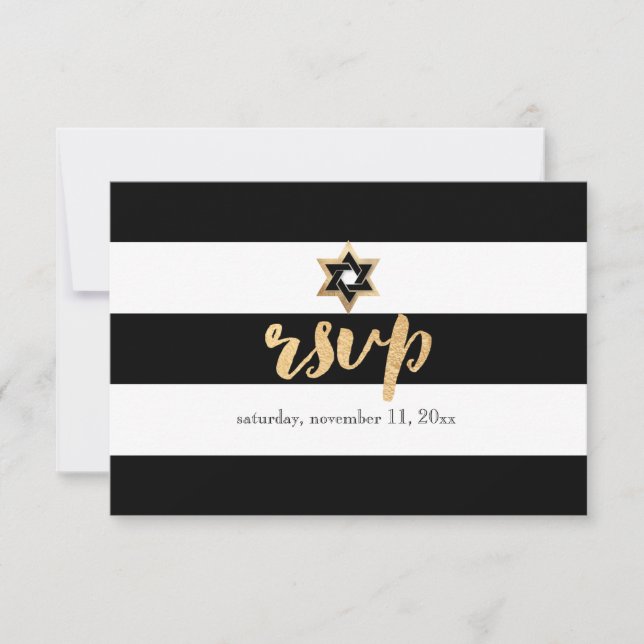 Convite de RSVP do bar mitzvah preto e branco em l (Frente)