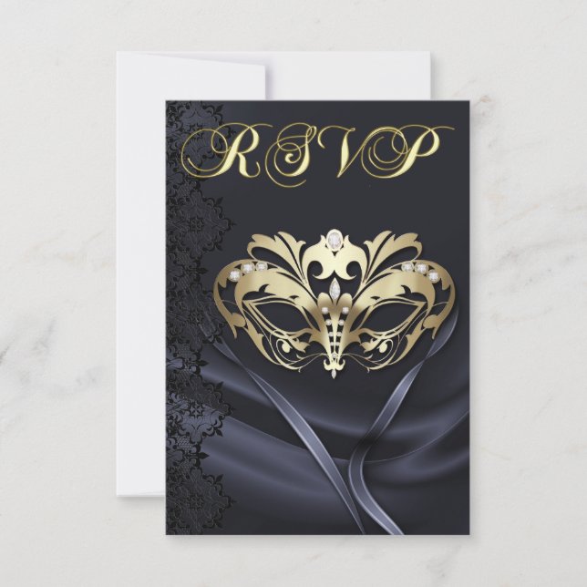 Convite de RSVP Dourado de Mascarada com Joias Pre (Frente)