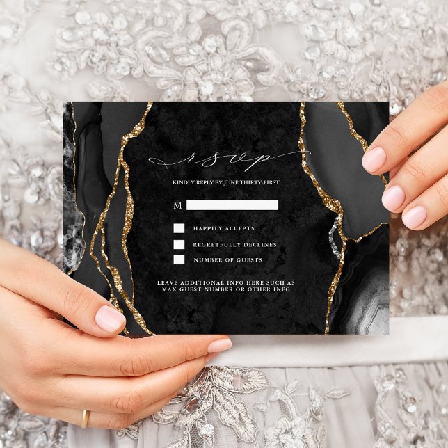 Convite de RSVP em Ágata Preto e Dourado (Criador carregado)
