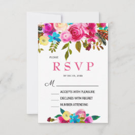 Convite de RSVP floral em aquarela rosa vibrante d