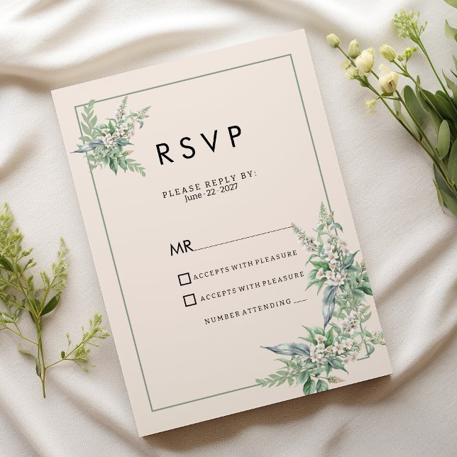 Convite de RSVP floral rosa botânico marfim (Botanical pink mint ivory floral RSVP )