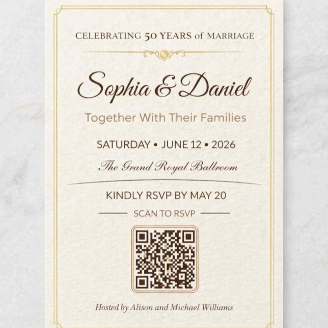 Convite de RSVP QR de Aniversário de Ouro de 50 an (Elegant gold 50th anniversary invitation celebrating timeless love and family togetherness)