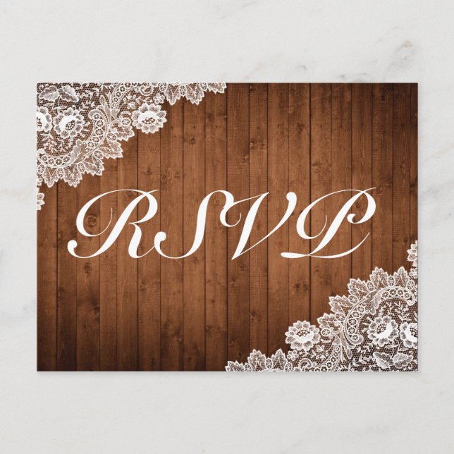 Convite de RSVP Rustic Wood & White Lace (Frente)