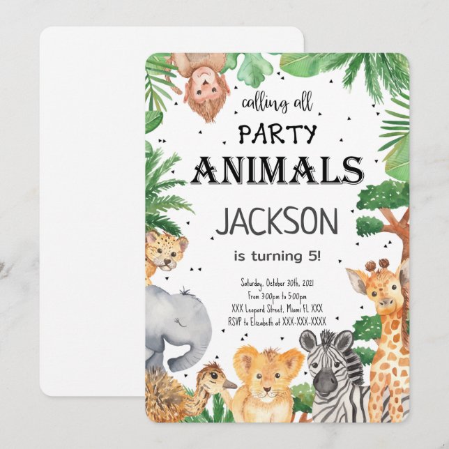 Convite de Safari de Animais Editável (Frente/Verso)