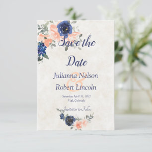 Convite de salva data floral em aquarela rosa e az