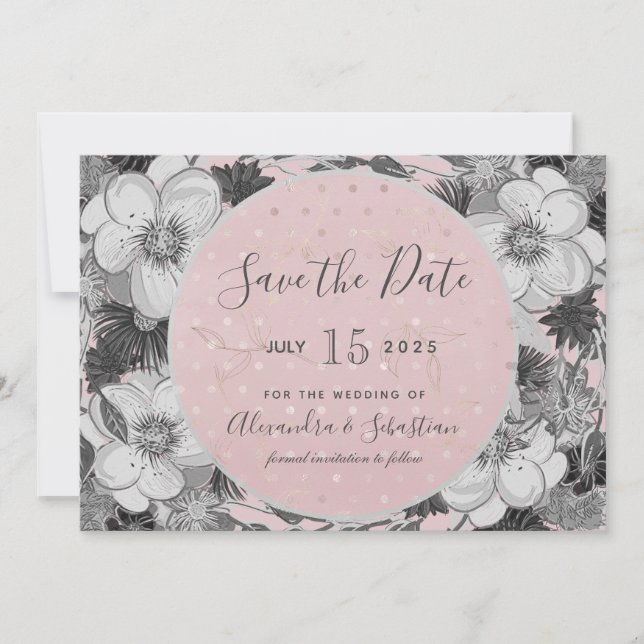 Convite de Salvar a Data de Casamento Rosa e Cinza (Frente)