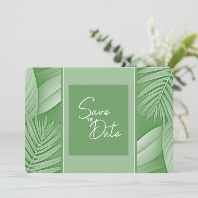 Convite de Salvar a Data de Casamento Verde Tropic (Em pé/Frente)
