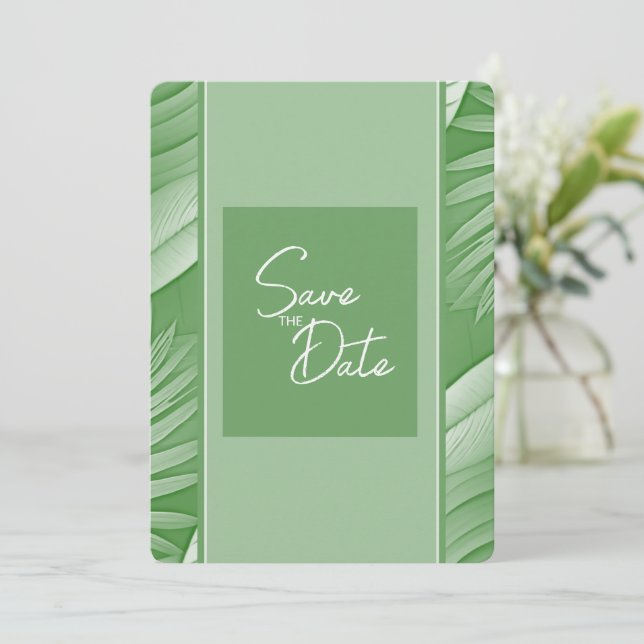 Convite de Salvar a Data de Casamento Verde Tropic (Em pé/Frente)