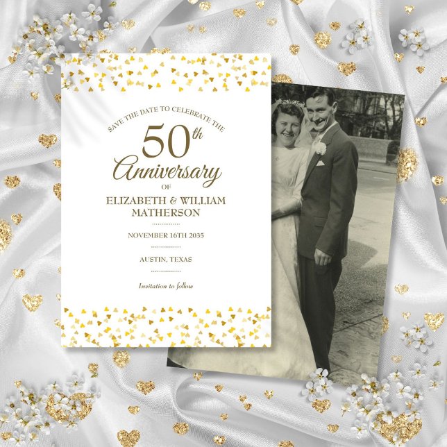 Convite de Salvar a Data do Aniversário de 50 Anos (50th Anniversary Gold Hearts Photo Save the Date Invitation)