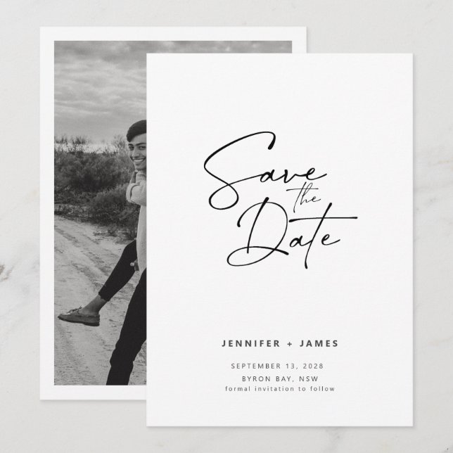 Convite de Salvar a data em Script Moderno Contemp (Frente/Verso)